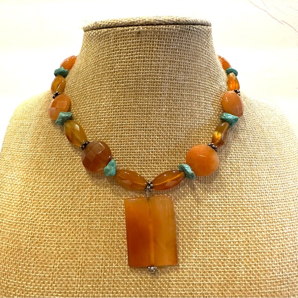 Gorgeous Genuine Carnelian / Agate Gemstone and turquoise chips, silver tone - Picture 2 of 12